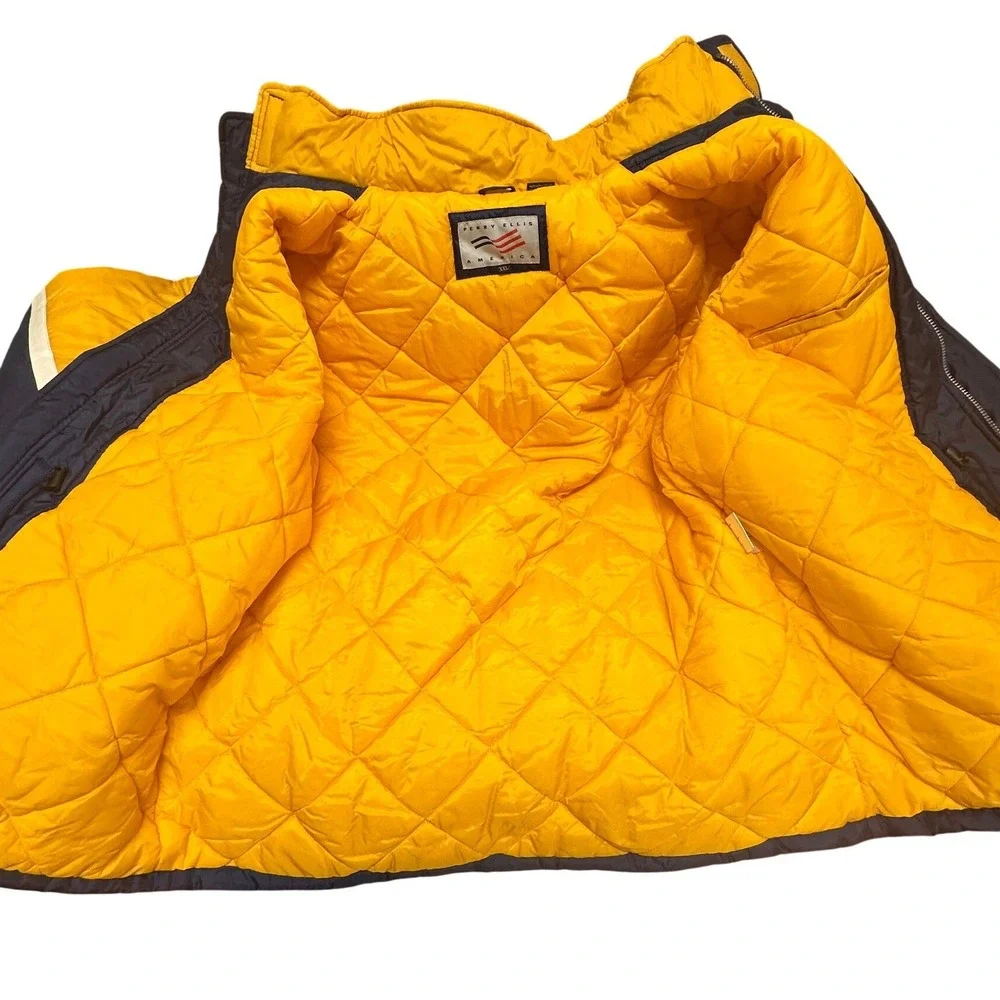 VTG Perry Ellis America Puffer Jacket Parka Coat Hooded Navy Yellow Stripe XXL‎